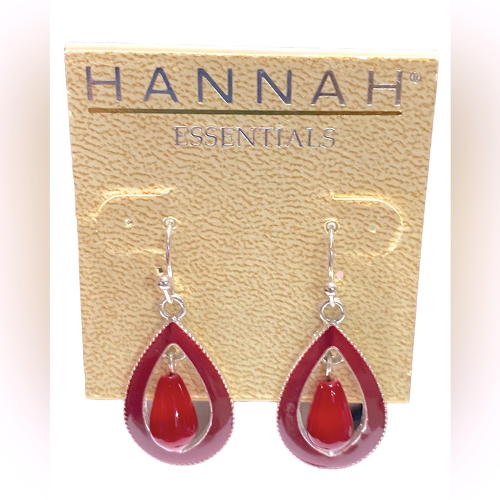 Hannah Essentials Red Stone and Enamel silver teardrop earrings NWT